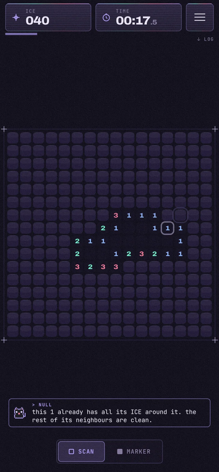 A hint in HOLO: a number and a safe cell are highlighted, NULL explains the rule.