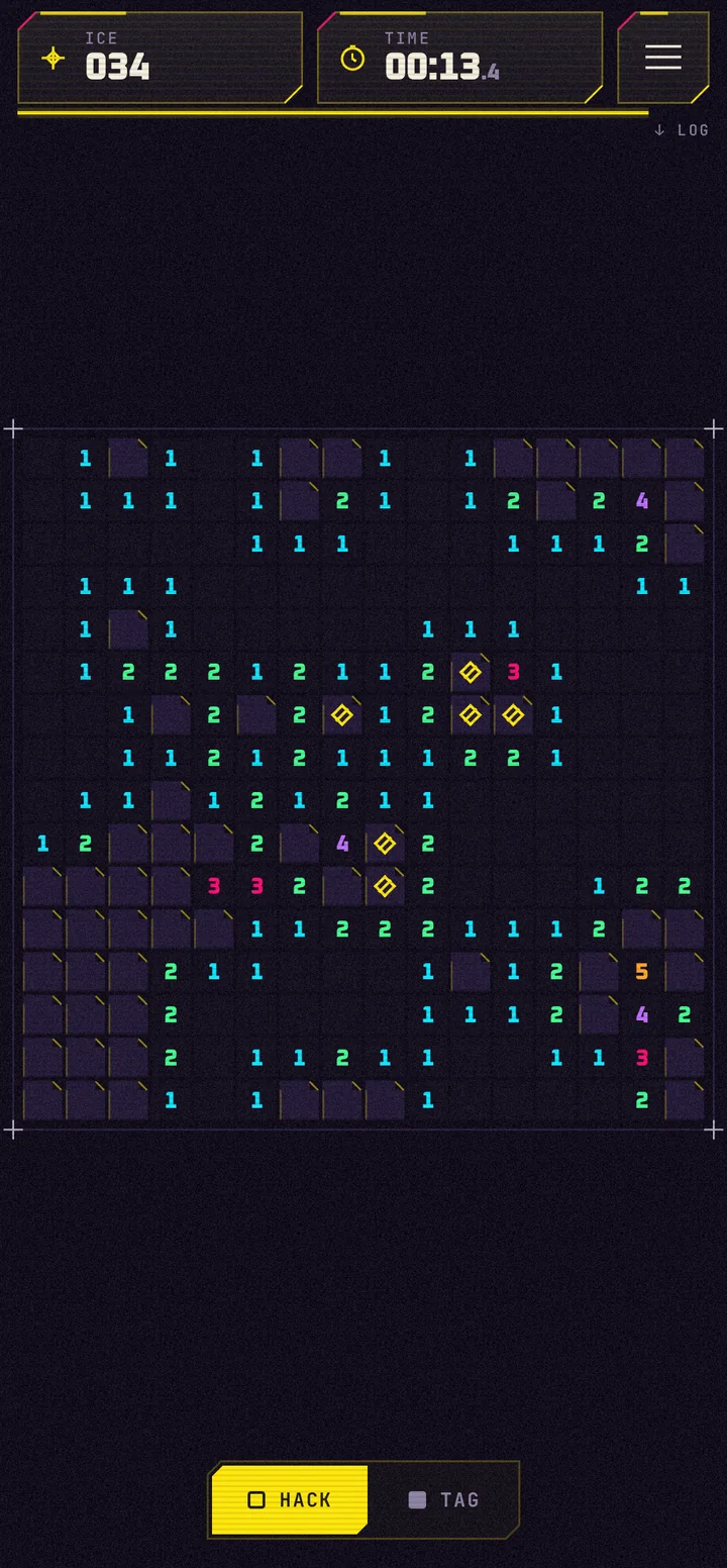 A district in SAMURAI OS: chamfered cells, cyan, green and magenta numbers, tagged ICE.