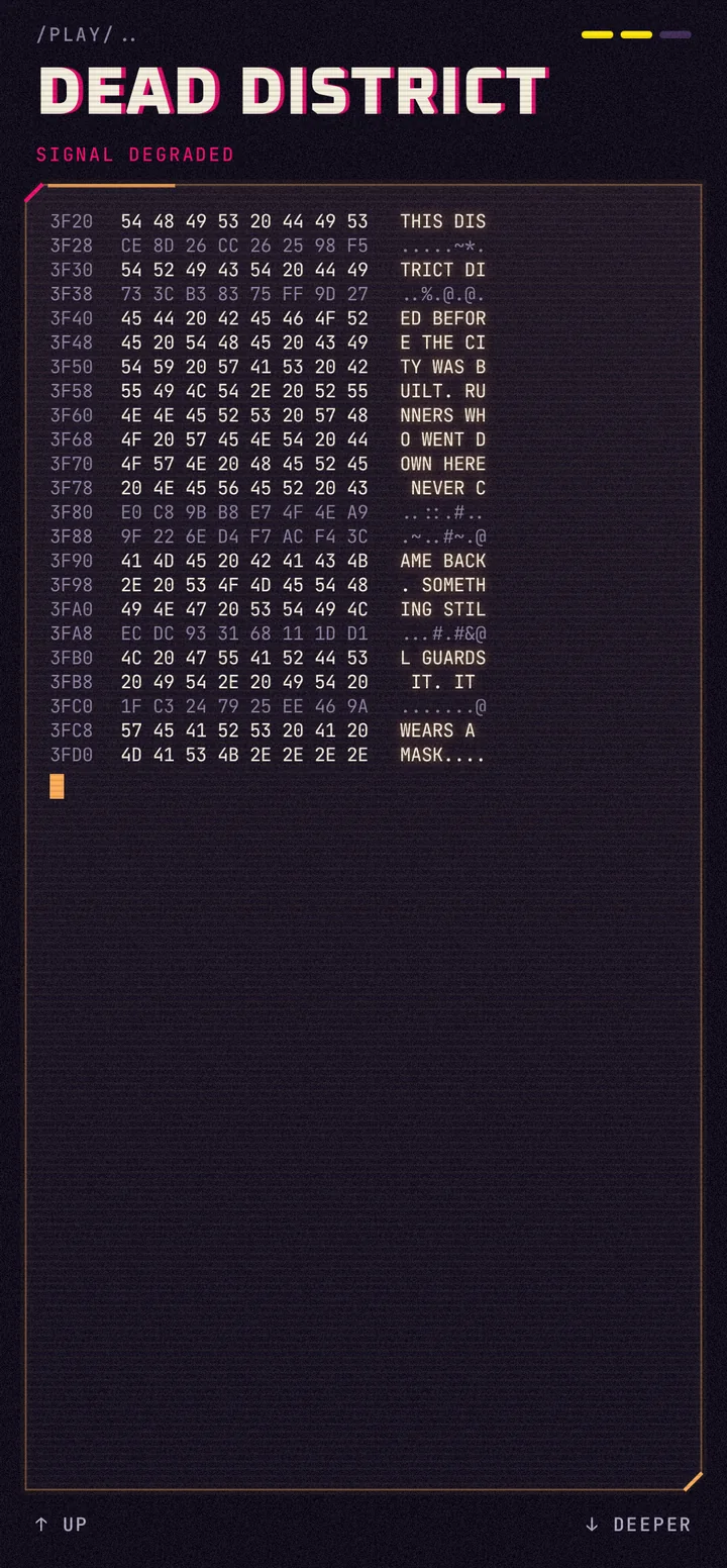 Layer two, DEAD DISTRICT: a corrupted hex dump with words of the story inside.