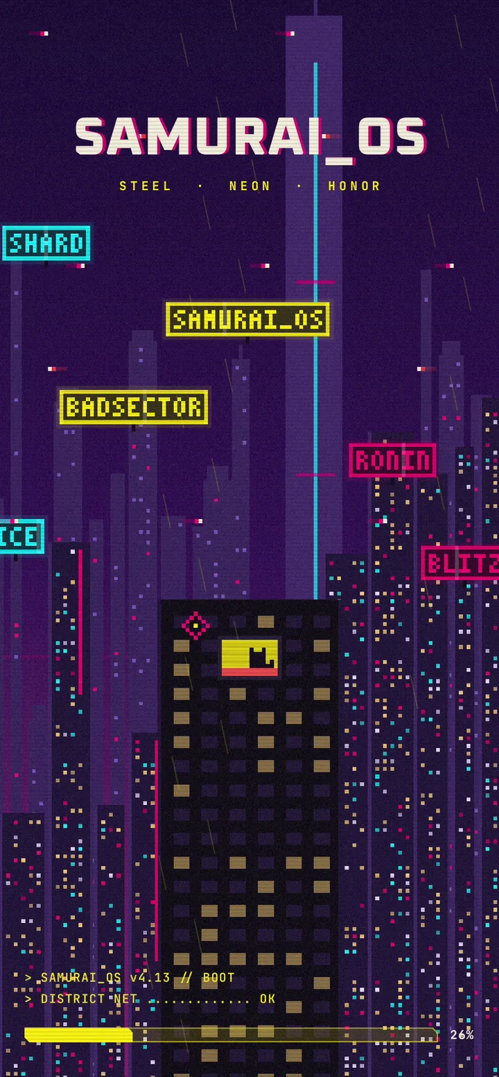 SAMURAI OS boot: a neon megacity in the rain with billboards reading BADSECTOR.