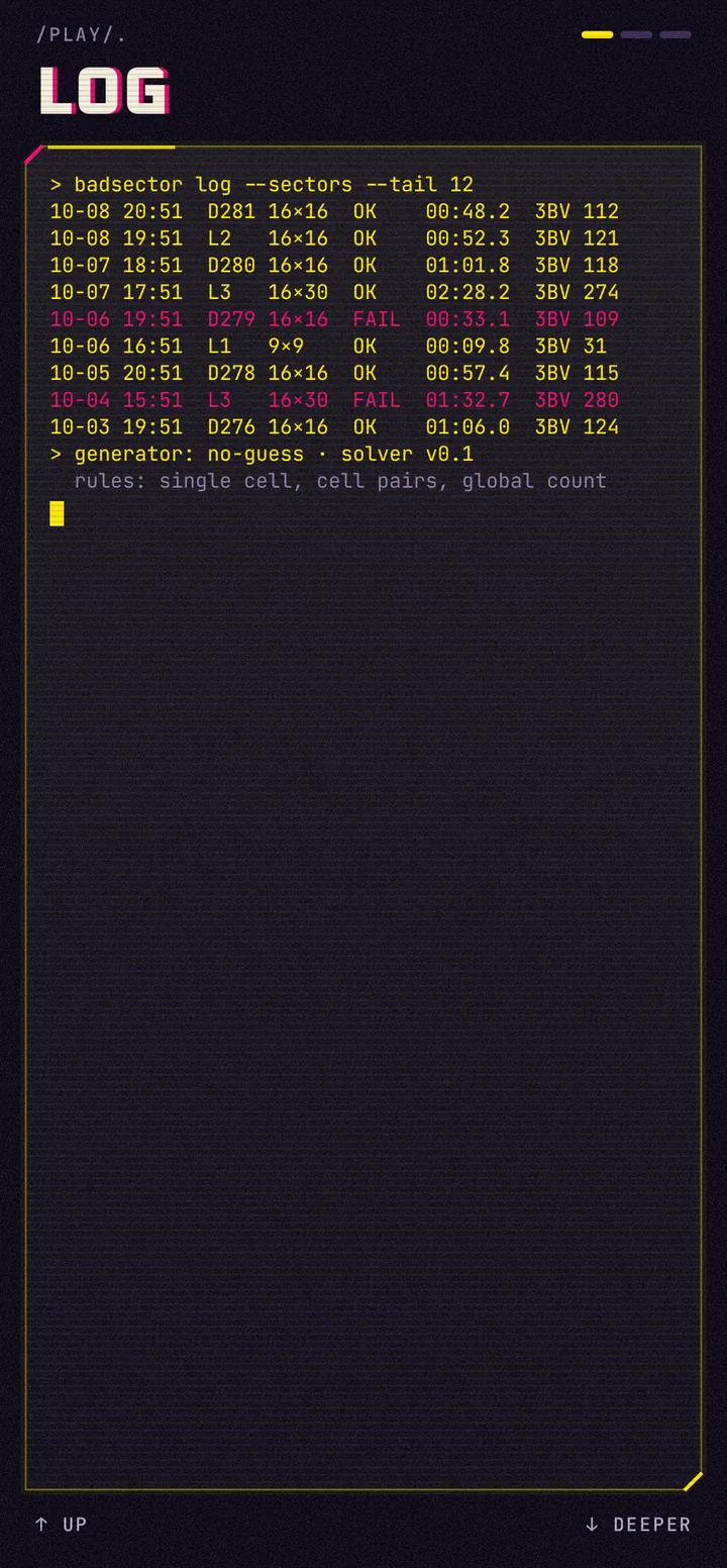 Layer one, LOG: the terminal history of your last sectors.
