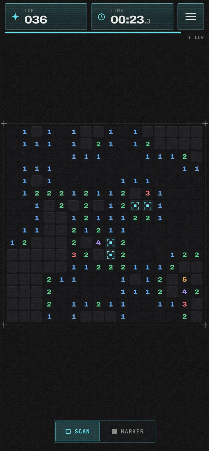 A 16 by 16 sector in progress: open cells, numbers and four markers on ICE.