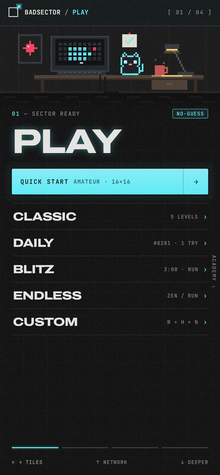 TELEMETRY hub: the operator’s hideout with NULL the cat and the PLAY menu.