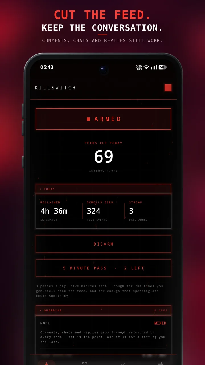 STATUS screen: Killswitch armed, 69 feeds cut today, time reclaimed, scrolls seen and the armed streak.