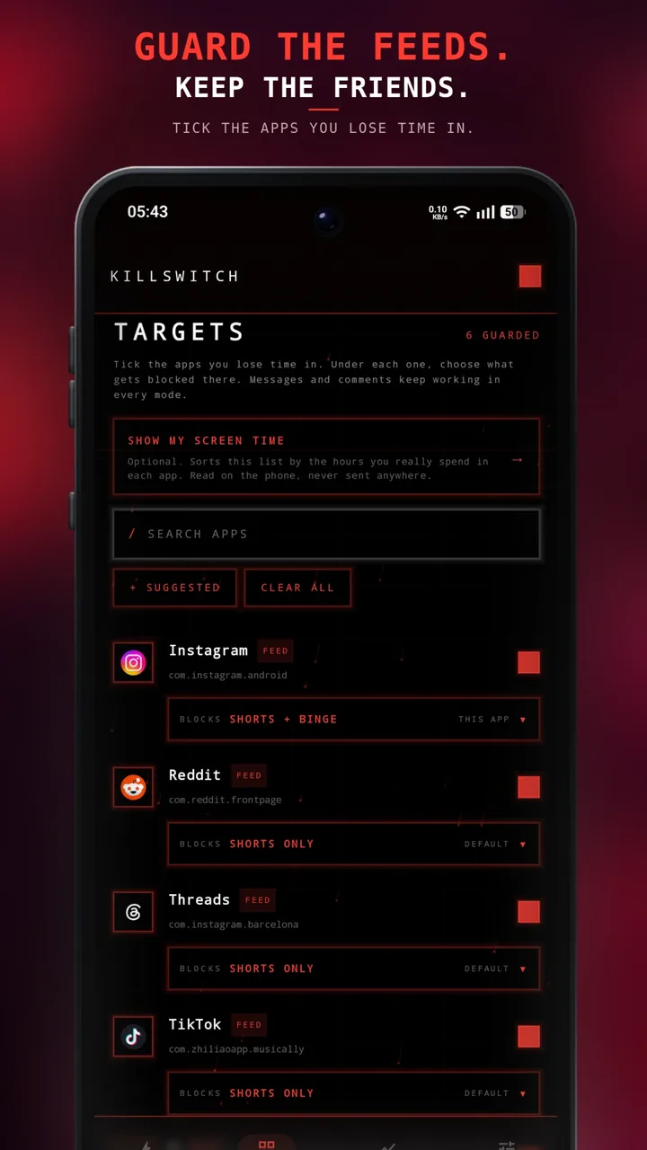 TARGETS screen: Instagram, Reddit, Threads and TikTok guarded, each with its blocking level.
