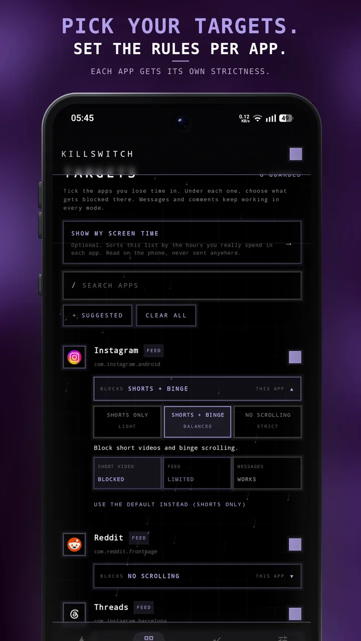 TARGETS screen with the level picker open for Instagram: SHORTS ONLY, SHORTS + BINGE, NO SCROLLING.