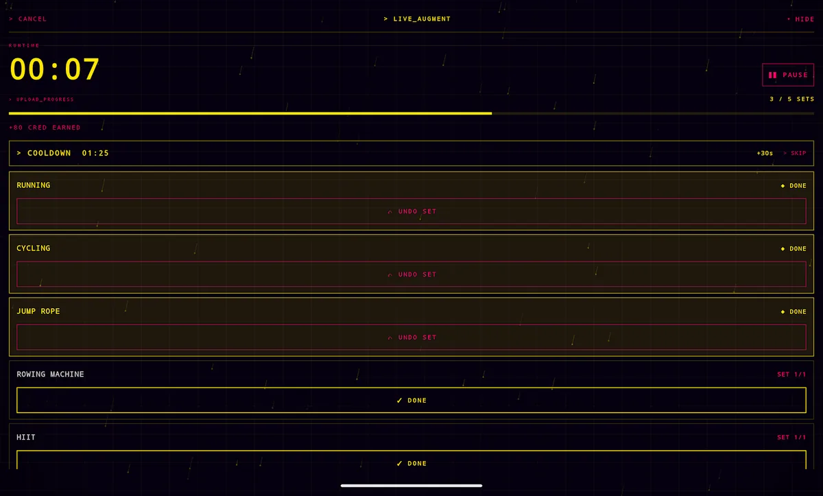 Live workout screen: 7 second rest timer, cooldown bar and a list of cardio exercises with add set buttons.